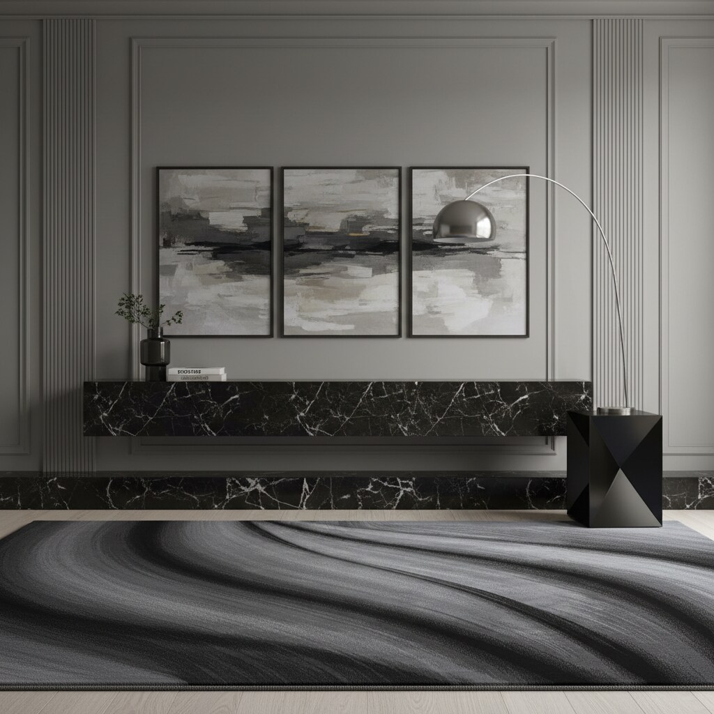 Teppich Kurzflor ASPEN in Schwarz, mit abstraktem Wellenmuster, 80 x 150 cm