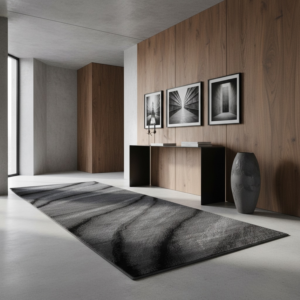Teppich Kurzflor ASPEN in Schwarz, mit abstraktem Wellenmuster, 80 x 300 cm
