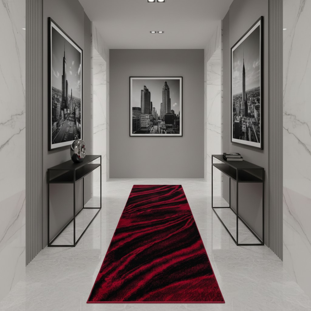 Teppich Kurzflor ASPEN in Rot, mit abstraktem Wellenmuster, 80 x 300 cm