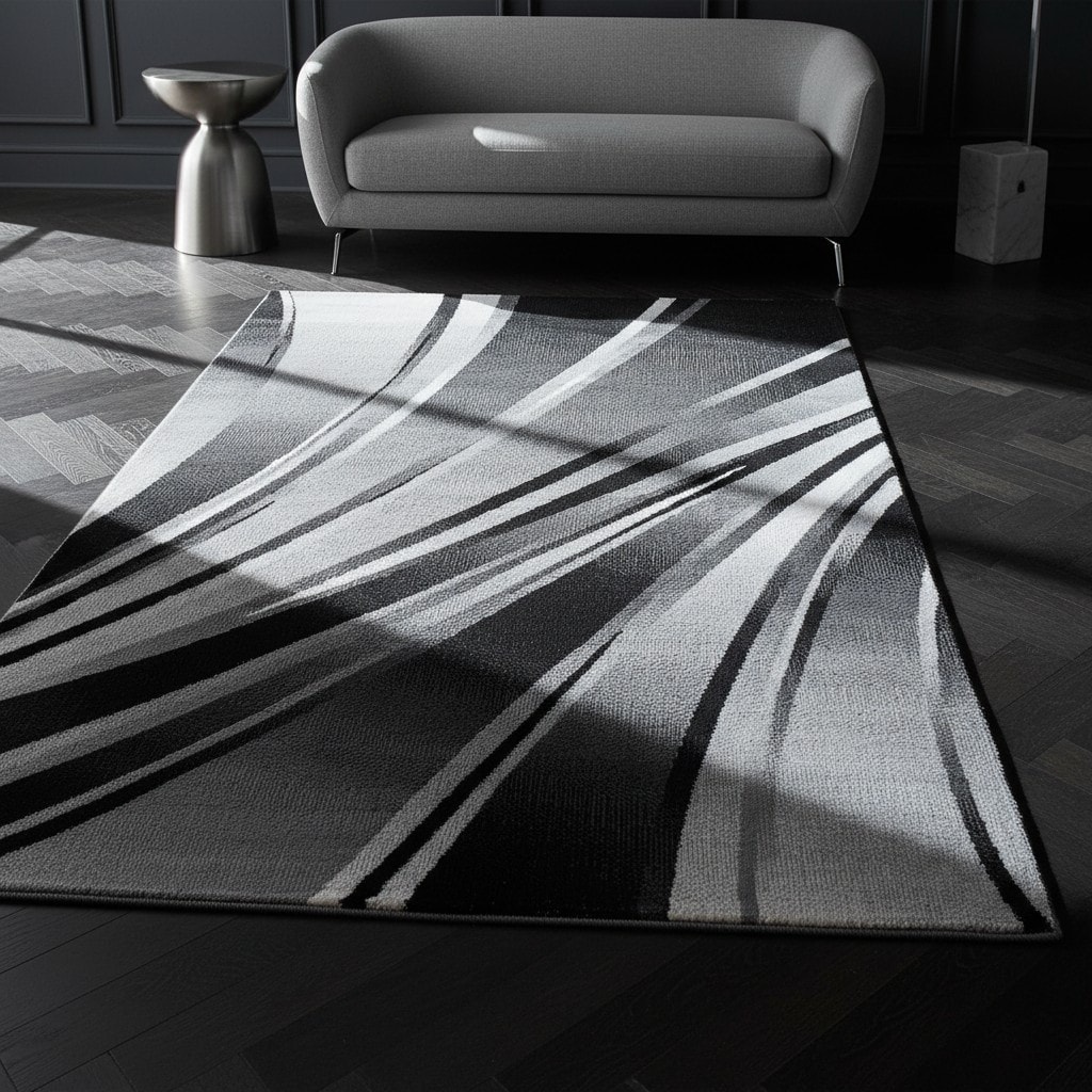 Teppich Kurzflor DRAU in Schwarz, mit abstraktem Wellenmuster, 280 x 370 cm
