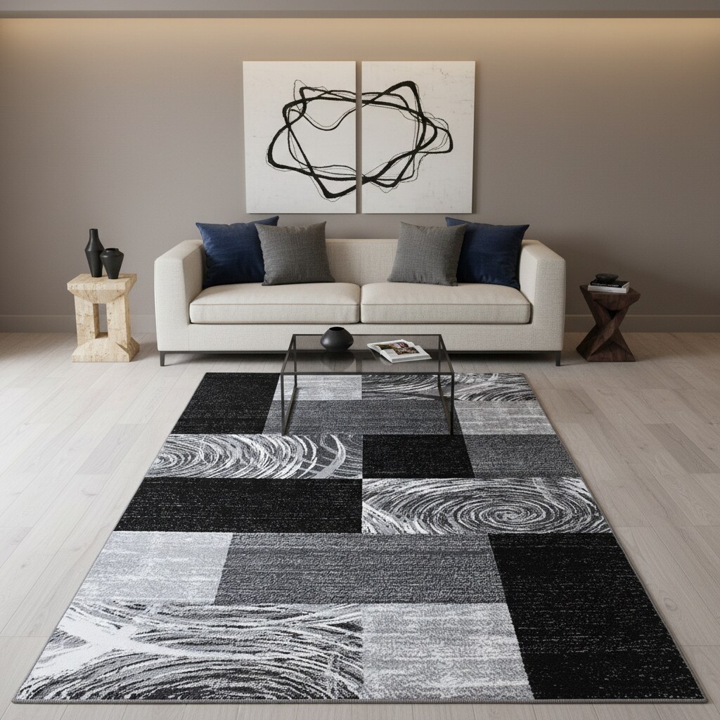 Teppich Kurzflor DRAU in Schwarz, abstrakt kariert, 120 x 170 cm