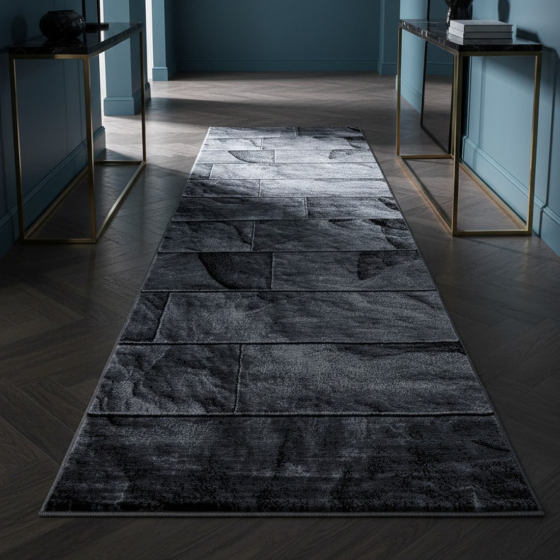 Teppich Kurzflor DRAU in Schwarz, in Steinoptik, 80 x 300 cm