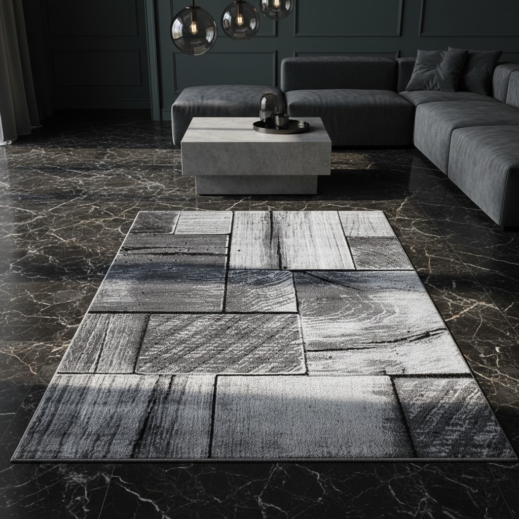 Teppich Kurzflor DRAU in Schwarz, in 3D-Holzoptik, 80 x 150 cm