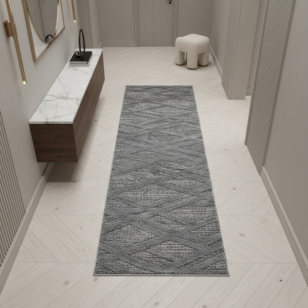 Teppich Hochflor TALFER in Grau, im Boho-Stil, aus Polypropylen, 80 x 250 cm