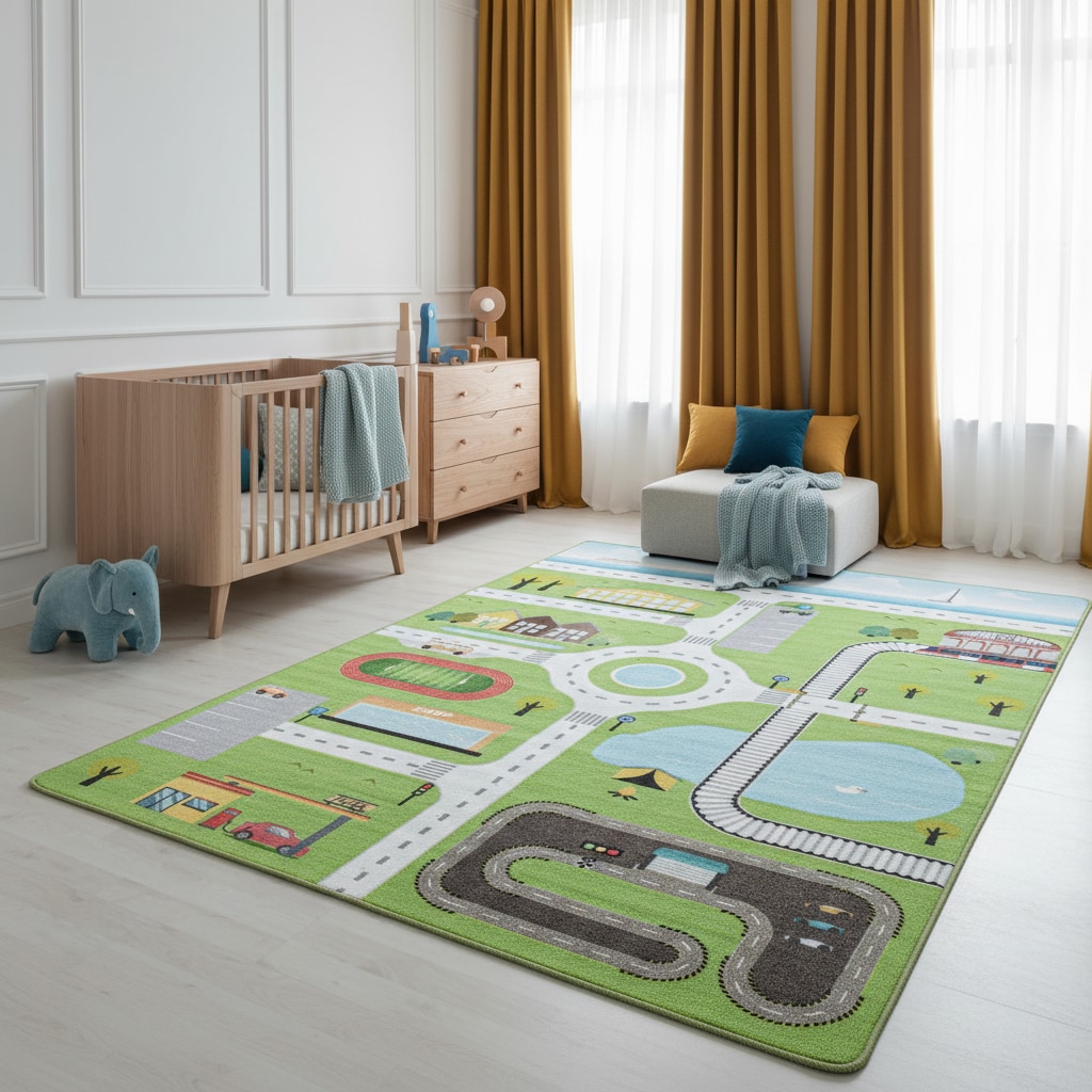 Spielteppich TRAUN in Grün, mit Spielstraßen-Motiv, 100 x 150 cm