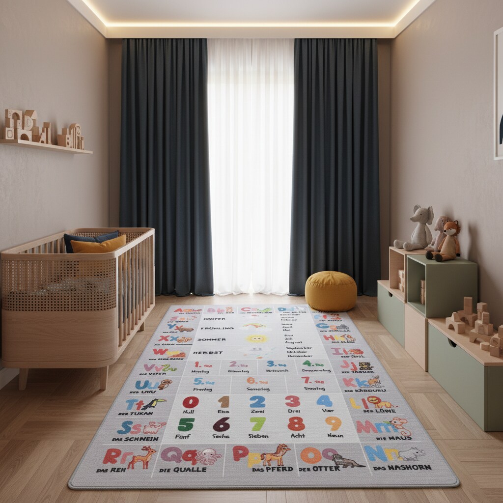 Spielteppich TRAUN in Grau, mit Alphabet-Zahlen-Tiere-Motiv, 80 x 120 cm
