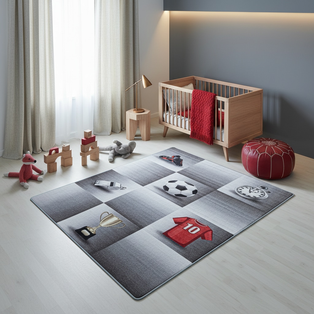 Spielteppich TRAUN in Grau, mit Fußball-Motiv, 100 x 150 cm