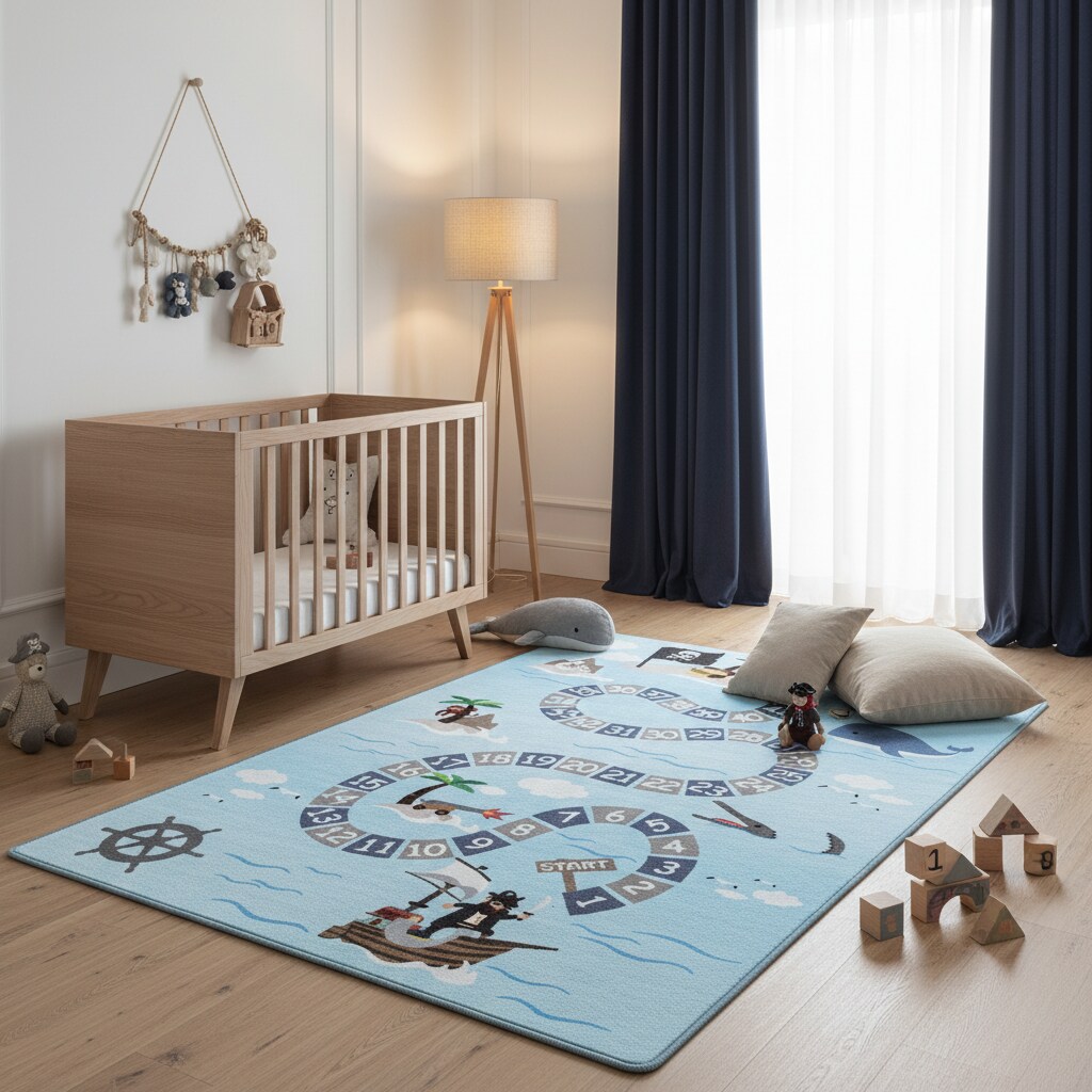 Spielteppich TRAUN in Blau, mit Piraten-Motiv, 160 x 230 cm