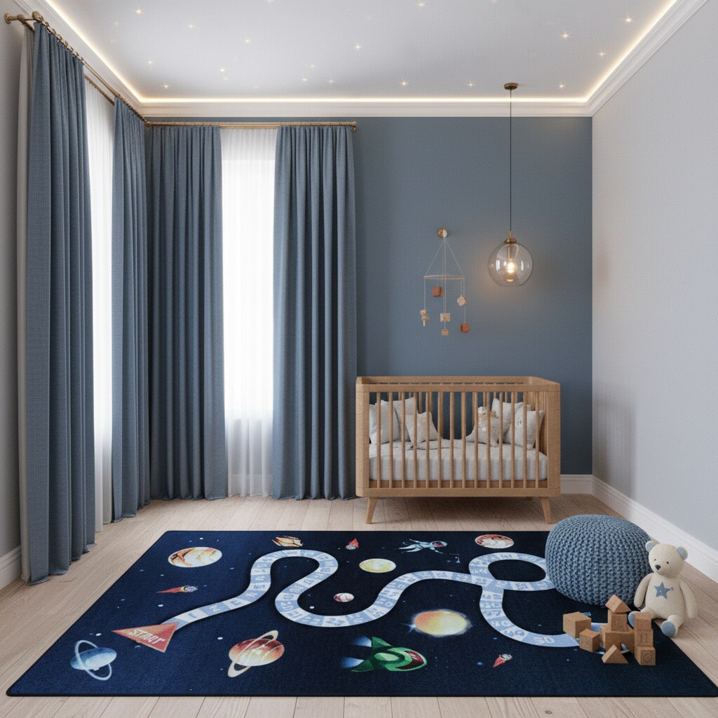 Spielteppich TRAUN in Marineblau, mit Weltraum-Motiv, 160 x 230 cm