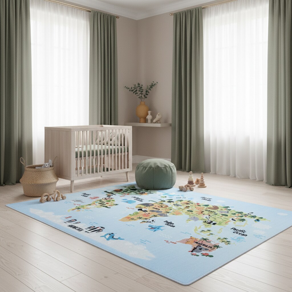 Spielteppich TRAUN in Blau, mit Weltkarte-Tiere-Motiv, 80 x 120 cm