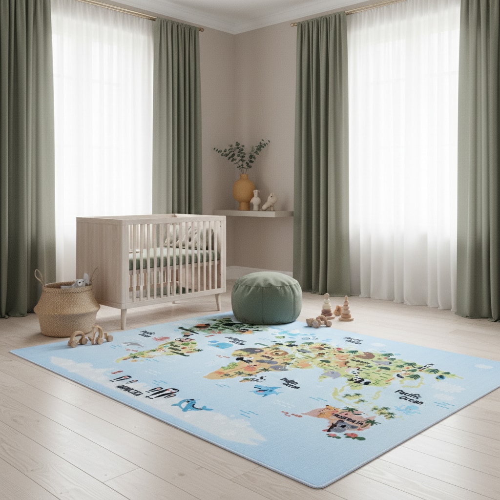 Spielteppich TRAUN in Blau, mit Weltkarte-Tiere-Motiv, 140 x 200 cm