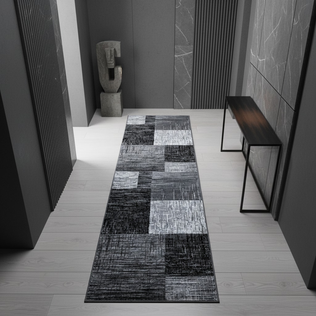 Teppich Kurzflor INN in Schwarz, abstrakt kariert, 80 x 300 cm