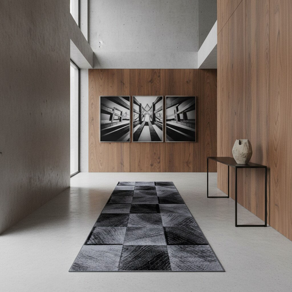 Teppich Kurzflor INN in Schwarz, kariert, 80 x 300 cm