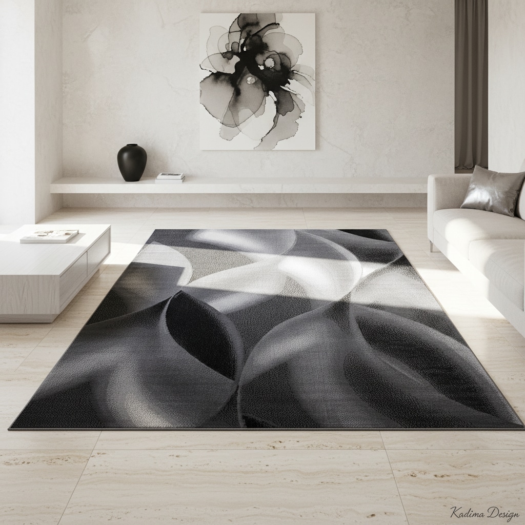 Teppich Kurzflor INN in Schwarz, mit abstraktem Wellenmuster, 80 x 150 cm 