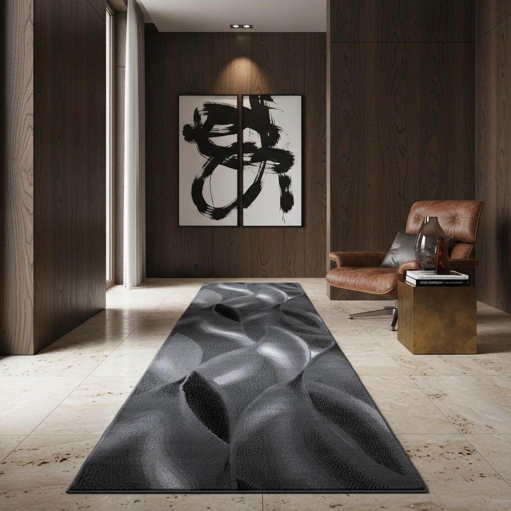 Teppich Kurzflor INN in Schwarz, mit abstraktem Wellenmuster, 80 x 300 cm