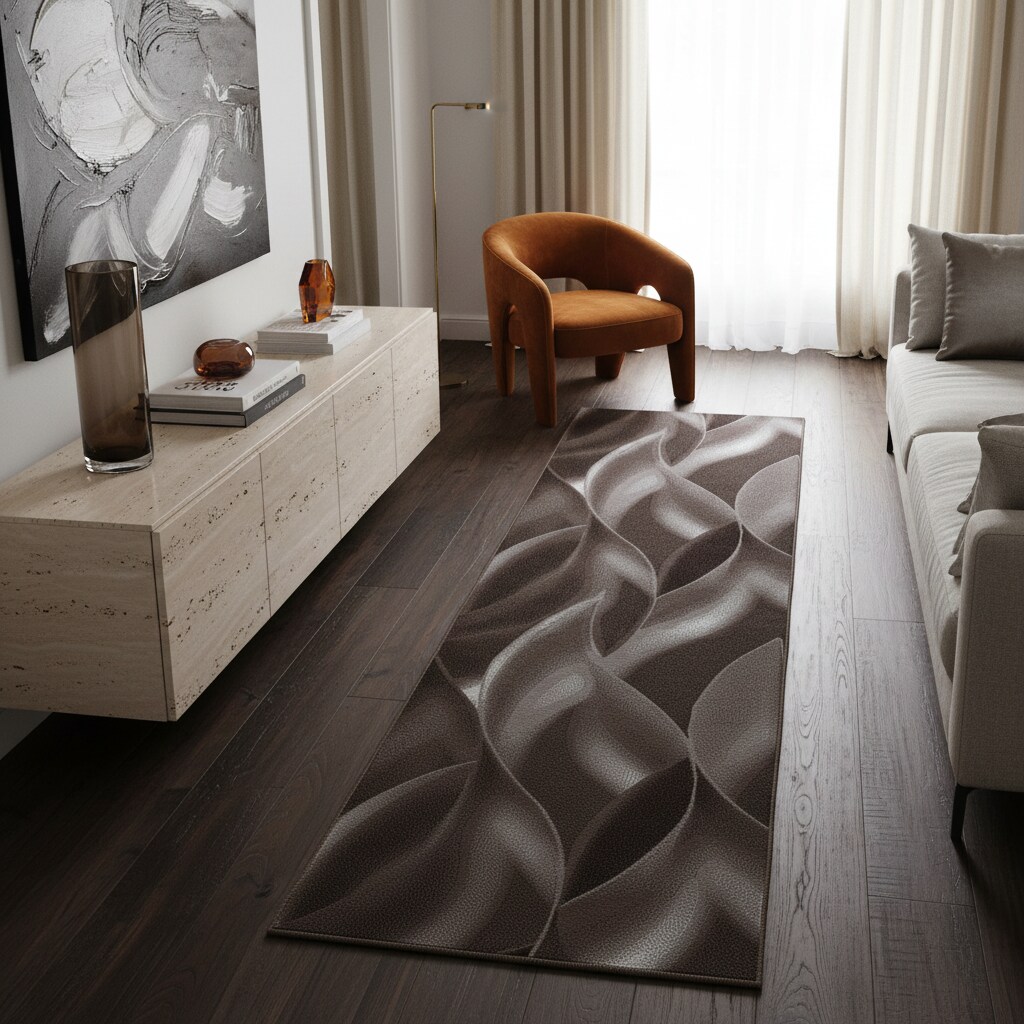 Teppich Kurzflor INN in Braun, mit abstraktem Wellenmuster, 80 x 300 cm