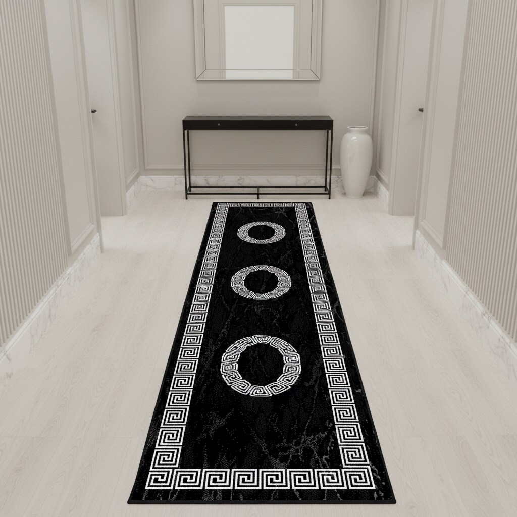 Teppich Kurzflor INN in Schwarz, mit Mäander-Muster, 80 x 300 cm