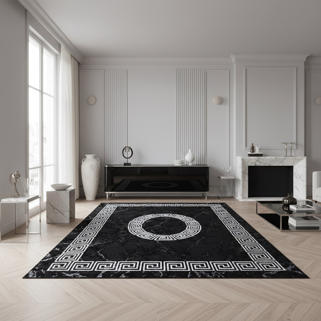 Teppich Kurzflor INN in Schwarz, mit Mäander-Muster, 140 x 200 cm