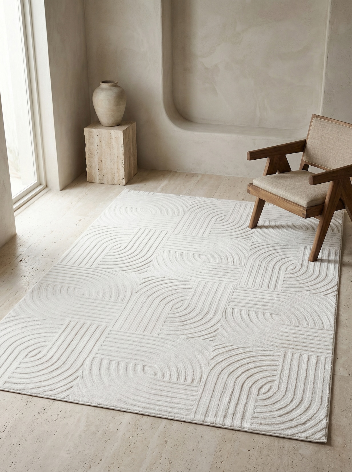 Teppich Kurzflor ILLER in Creme, mit 3D-Design, aus Jute, 80 x 150 cm