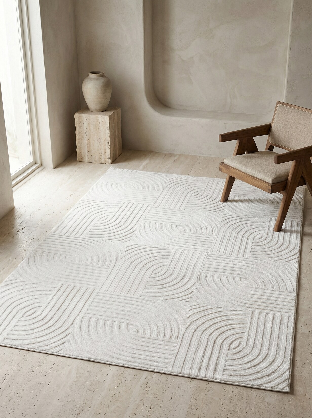 Teppich Kurzflor ILLER in Creme, mit 3D-Design, aus Jute, 120 x 170 cm