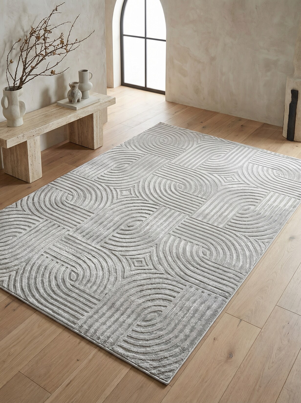 Teppich Kurzflor ILLER in Silber, mit 3D-Design, aus Jute, 160 x 230 cm