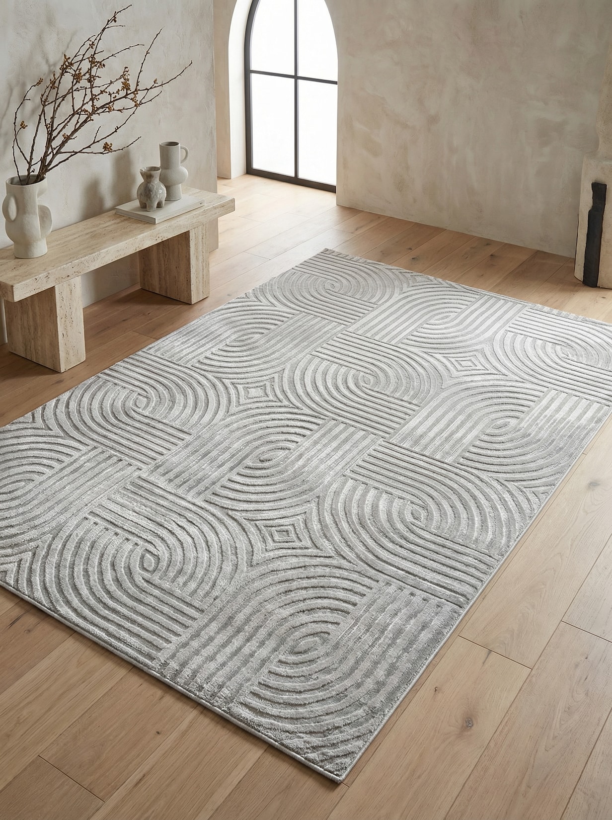 Teppich Kurzflor ILLER in Silber, mit 3D-Design, aus Jute, 200 x 290 cm