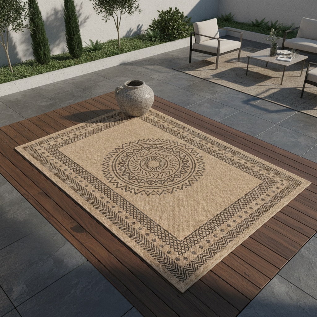 Outdoorteppich KASBERG, im Vintage-Stil, aus Polypropylen, Schwarz, 120 x 170 cm