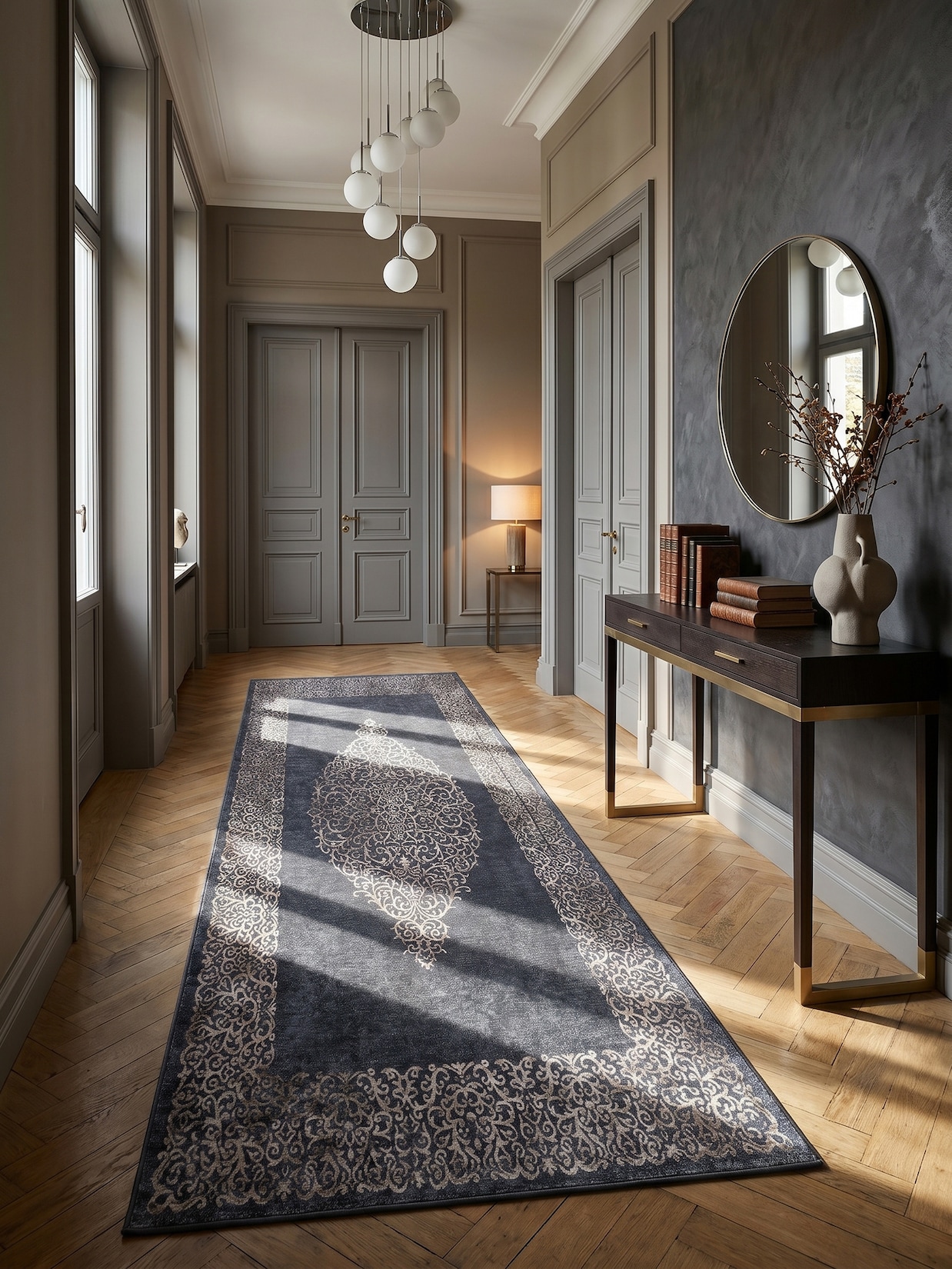 Flachwebteppich Waschbar PIZOL, mit Barock-Motiv, Schwarz, 80 x 150 cm