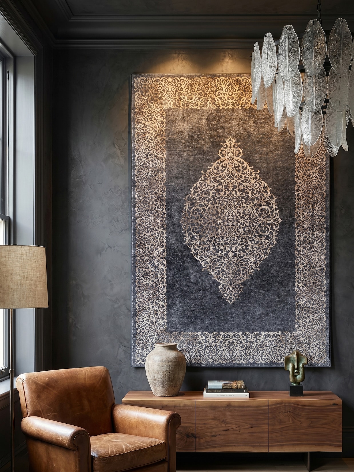 Flachwebteppich Waschbar PIZOL, mit Barock-Motiv, Schwarz, 200 x 290 cm