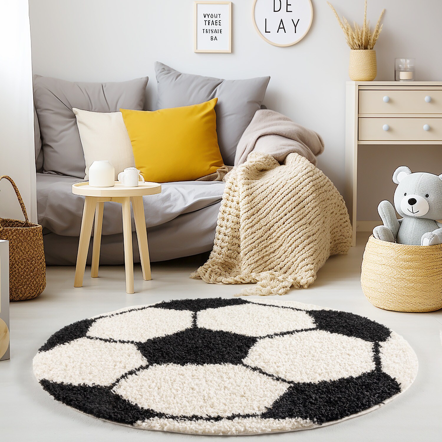 Kinderteppich MATREI, mit Fußball-Motiv, Schwarz, Ø 100 cm