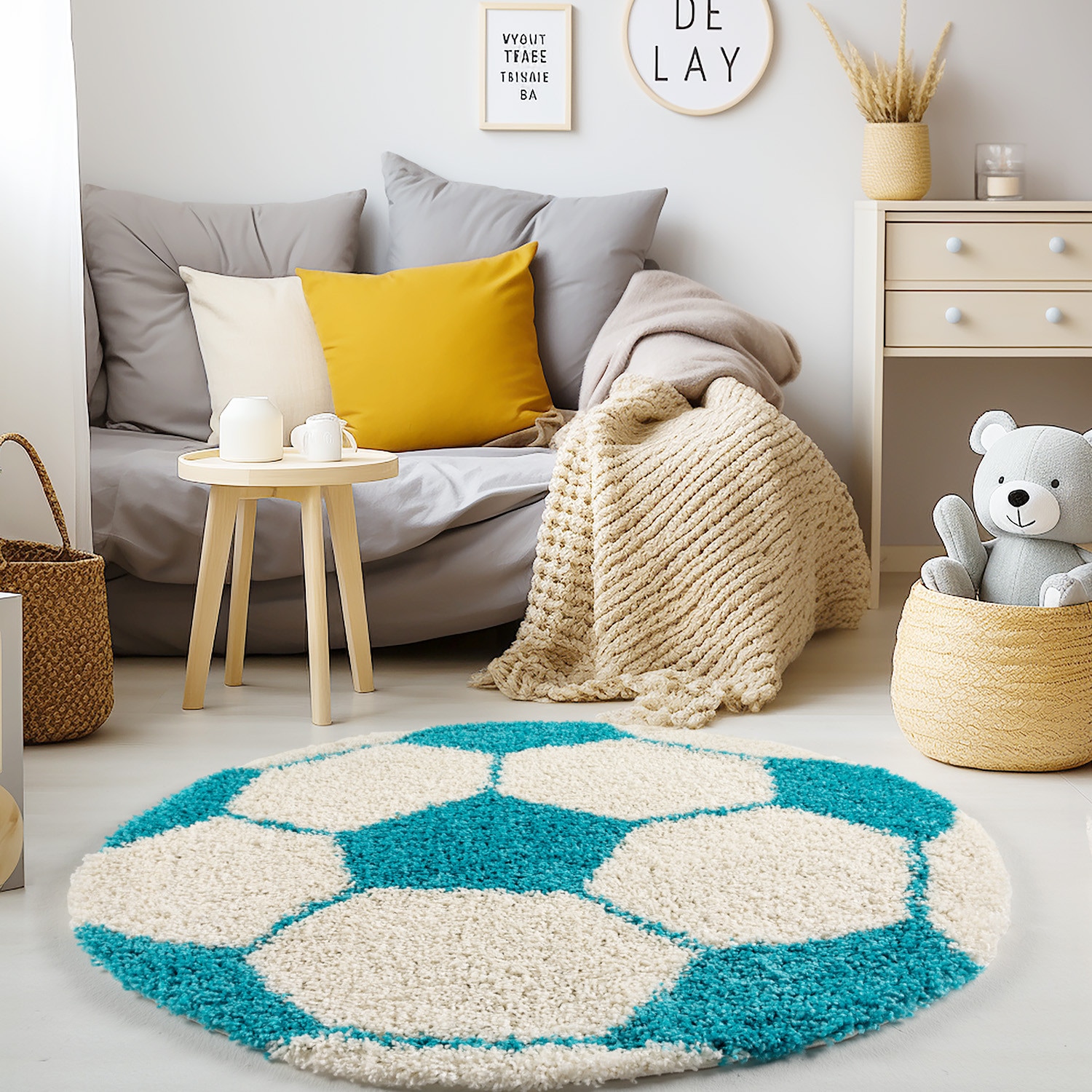 Kinderteppich MATREI, mit Fußball-Motiv, Türkis, Ø 100 cm
