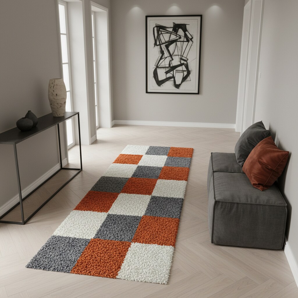 Hochflorteppich RHEIN, kariert, Terrakotta, 80 x 250 cm