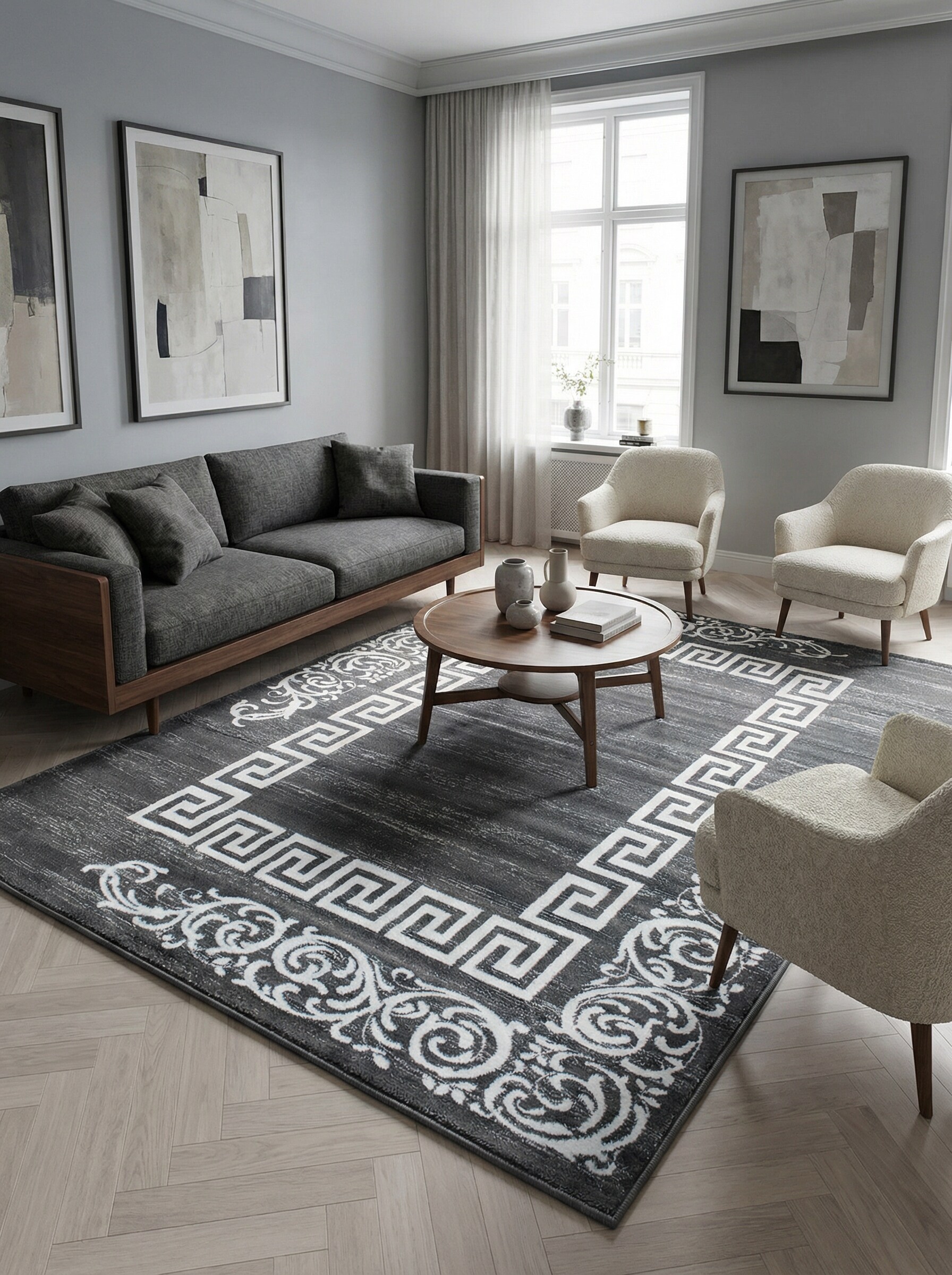 Kurzflorteppich ASPEN, mit M&auml;ander-Muster, Grau, 160 x 230 cm 