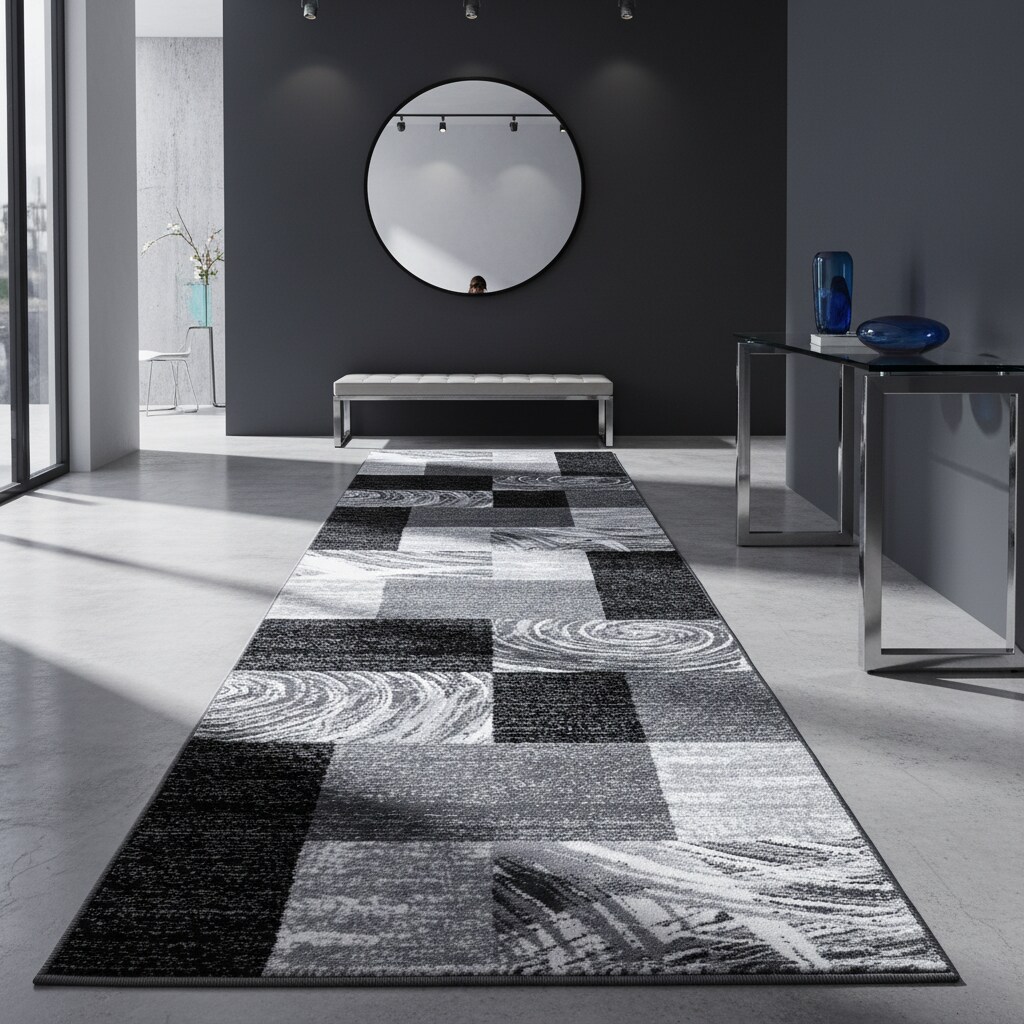 Kurzflorteppich DRAU, abstrakt kariert, Schwarz, 80 x 300 cm