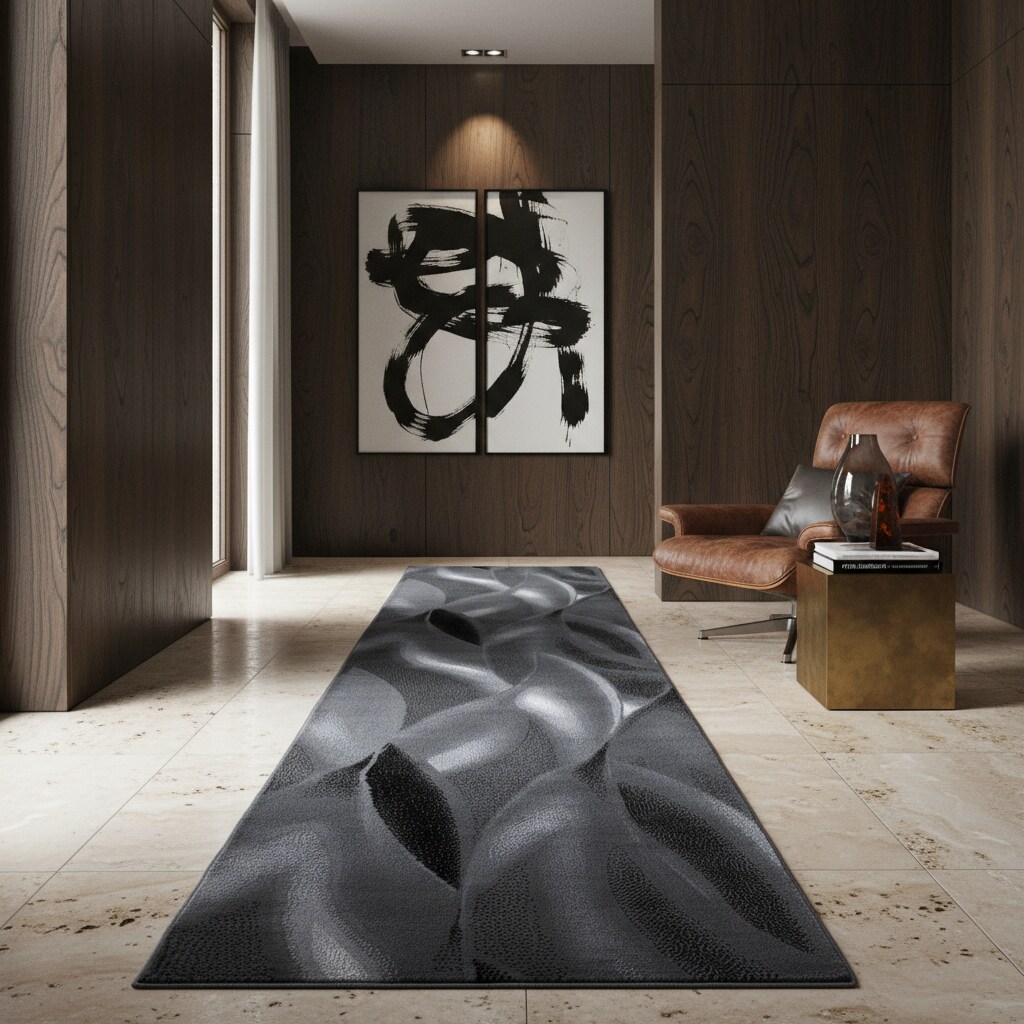 Kurzflorteppich INN, mit abstraktem Wellenmuster, Schwarz, 80 x 300 cm