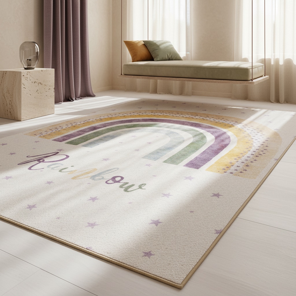 Kinderteppich TRAUN, mit Regenbogen-Motiv, Creme, 80 x 120 cm 