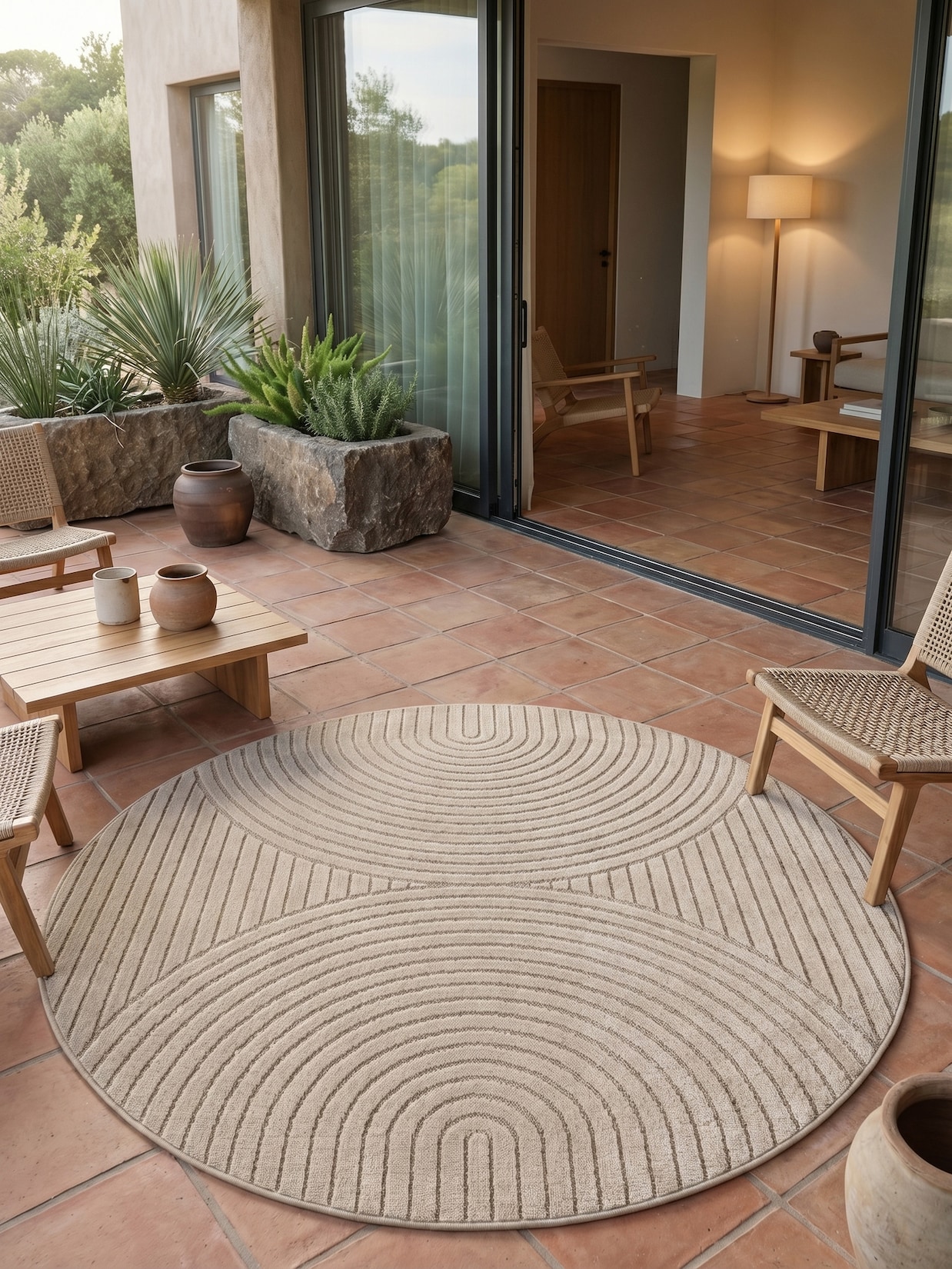Teppich Outdoor ENGADIN in Beige, im Skandi-Stil mit 3D-Design, Ø 200 cm