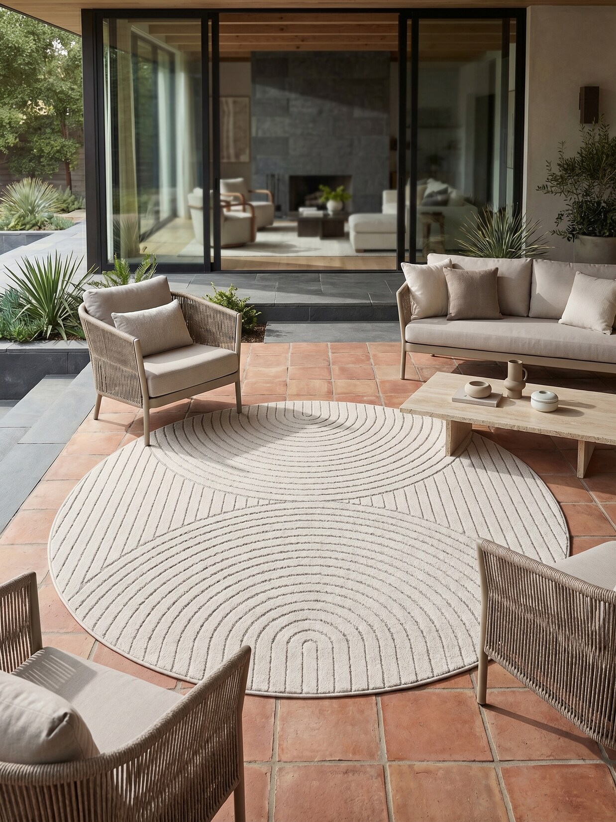 Teppich Outdoor ENGADIN in Creme, im Skandi-Stil mit 3D-Design, Ø 200 cm