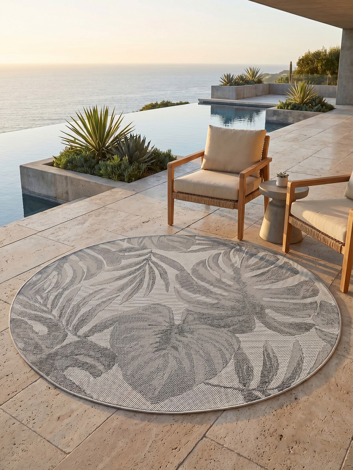 Teppich Outdoor VENTOUX in Grau, mit Tropen-Motiv, Ø 80 cm