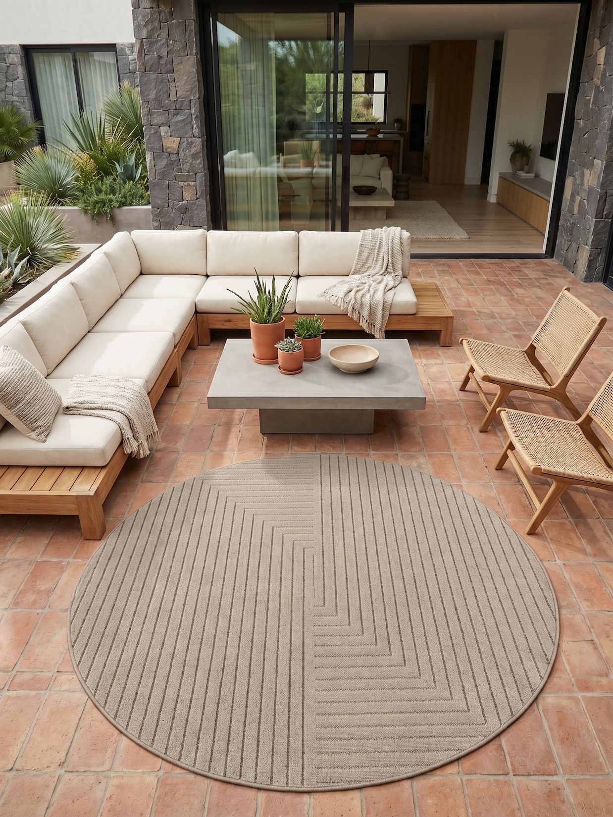 Teppich Outdoor ENGADIN in Beige, im Skandi-Stil mit 3D-Design, aus Polypropylen, Ø 160 cm