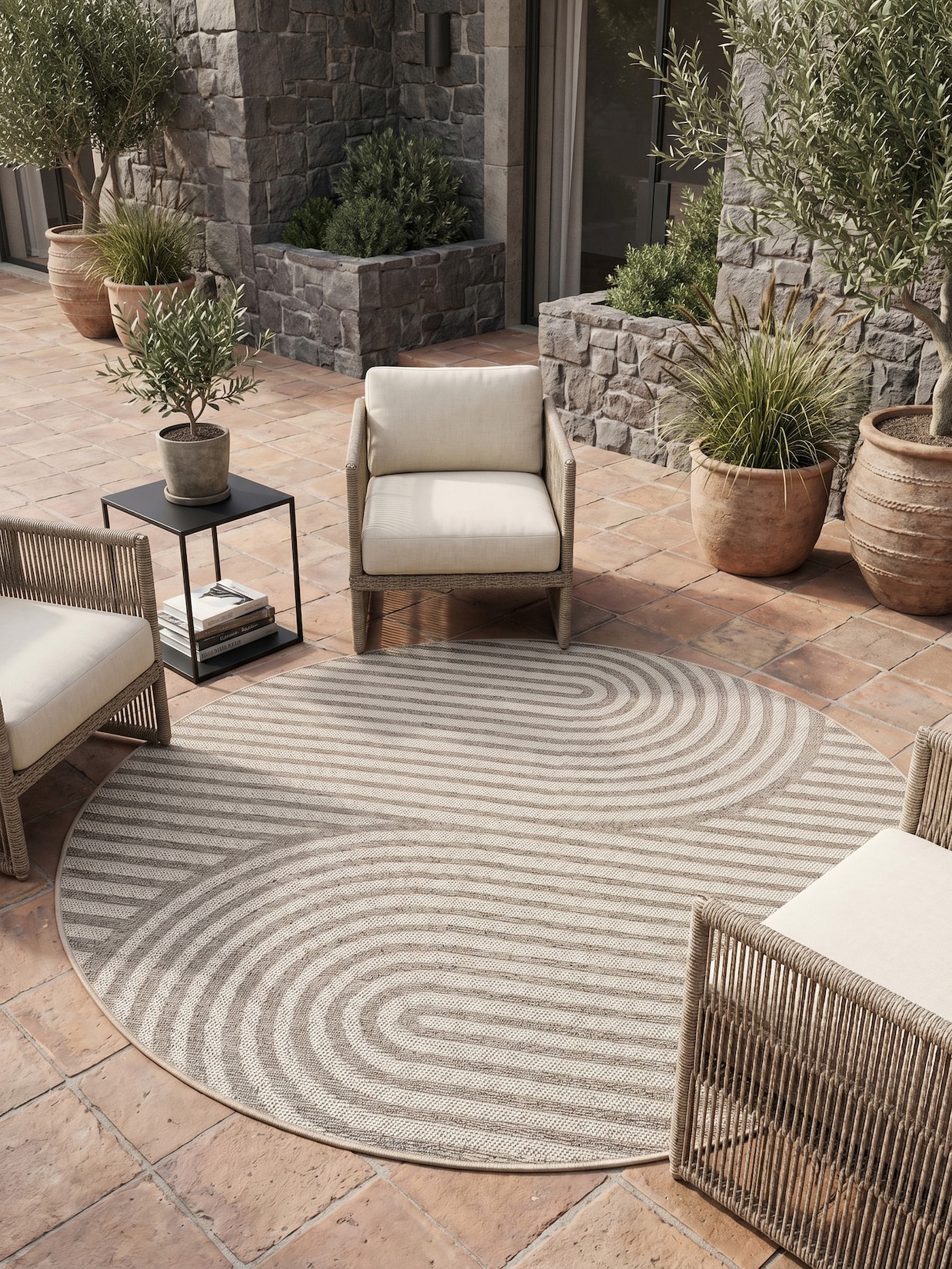 Teppich Outdoor VENTOUX in Beige, im Boho-Stil, Ø 120 cm