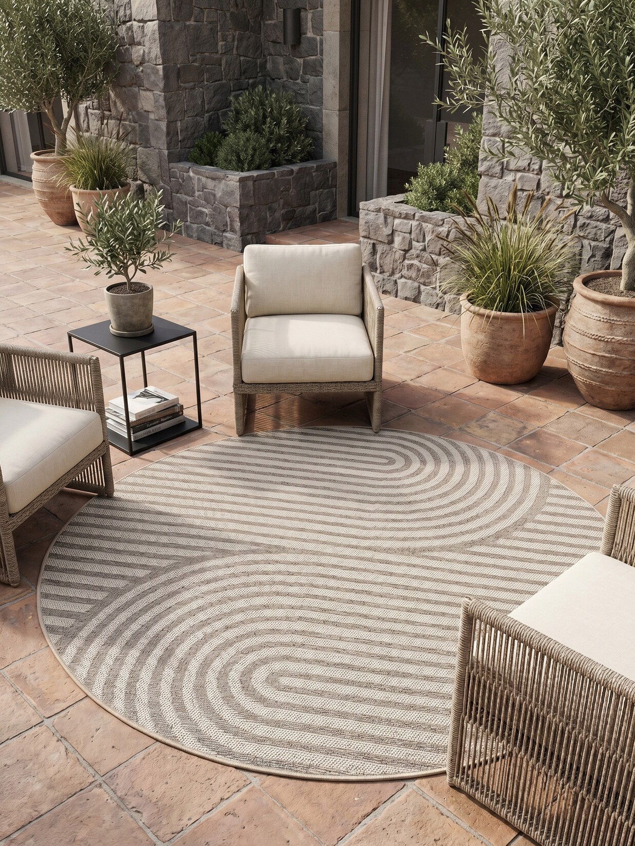 Teppich Outdoor VENTOUX in Beige, im Boho-Stil, Ø 80 cm