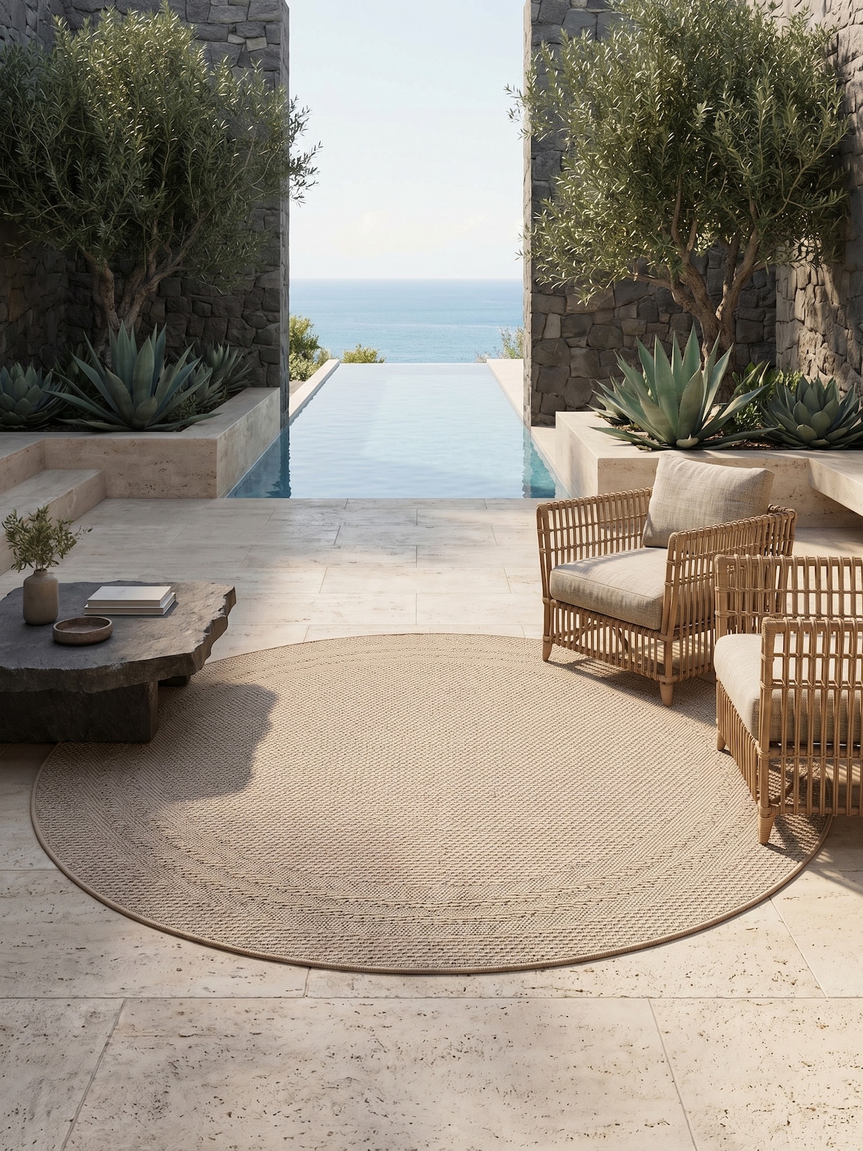 Teppich Outdoor VENTOUX in Beige, mit Bordüre, Ø 120 cm