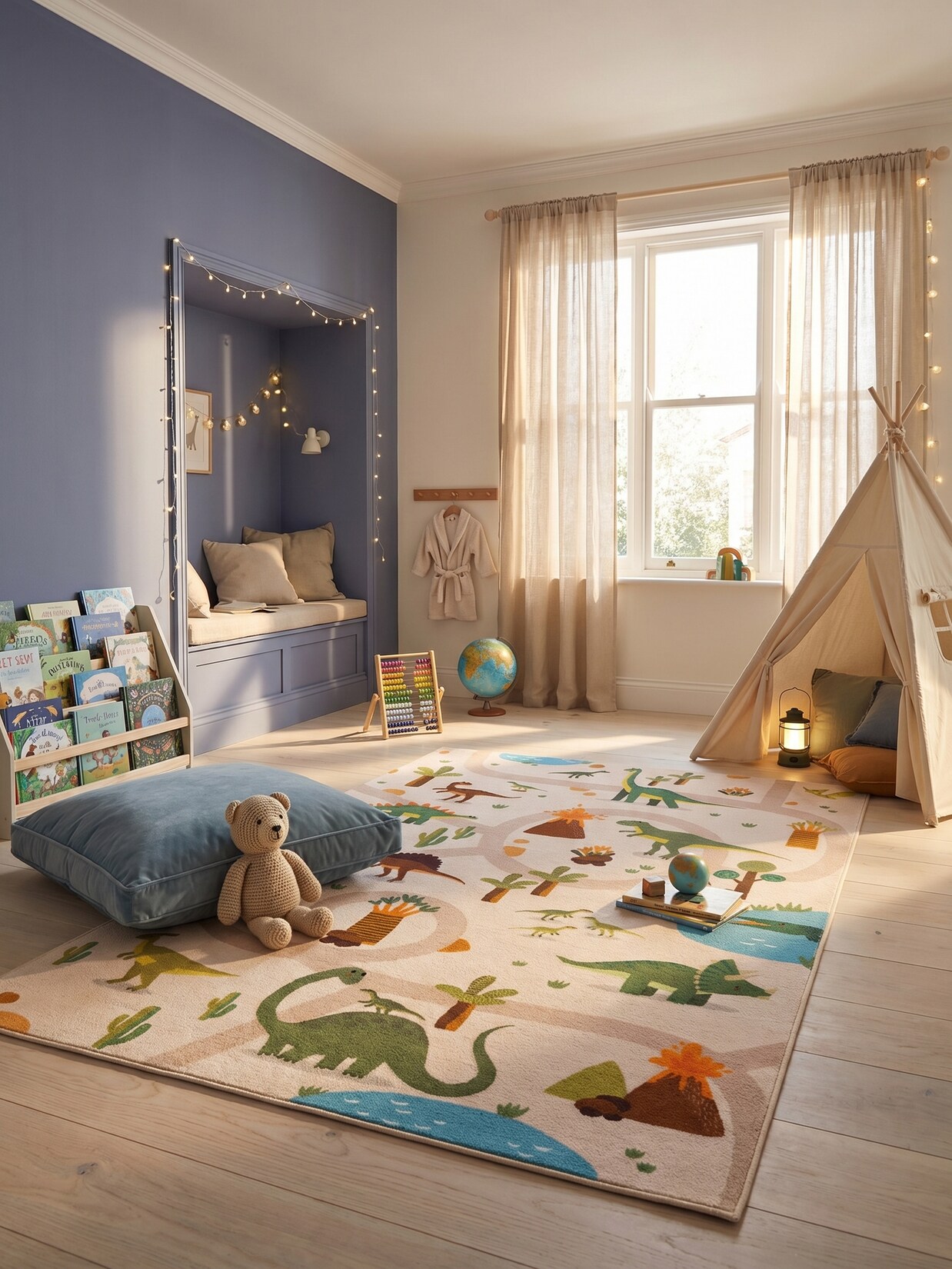 Spielteppich Waschbar TINO in Beige, mit Dino-Landschaft, 80 x 150 cm