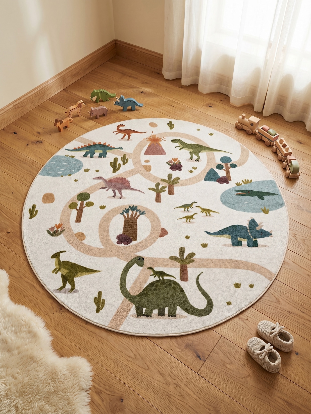 Spielteppich Waschbar TINO in Creme, mit Dino-Landschaft, Ø 120 cm