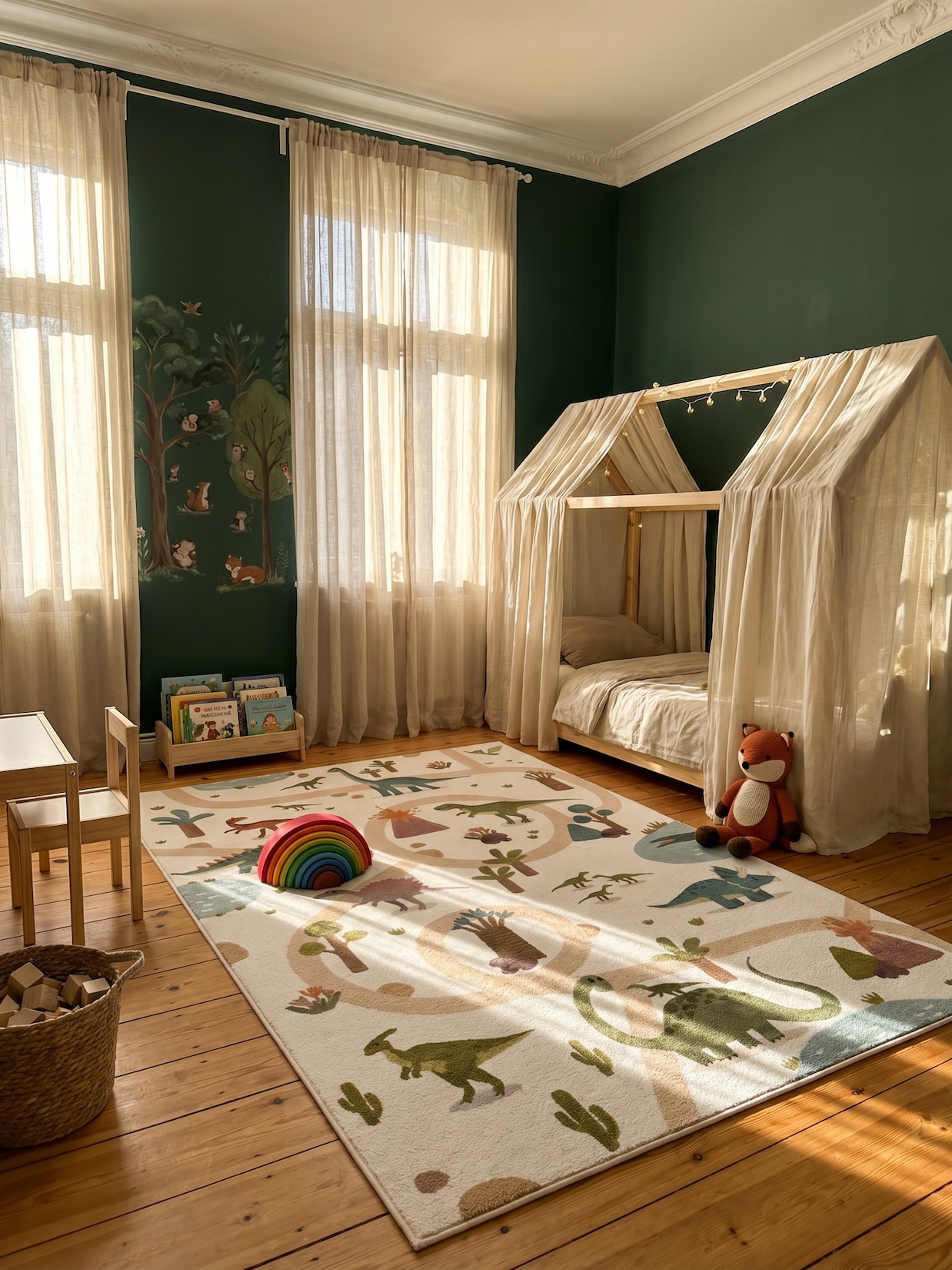 Spielteppich Waschbar TINO in Creme, mit Dino-Landschaft, 160 x 230 cm