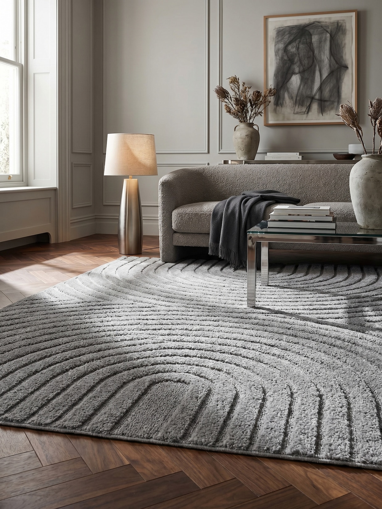 Hochflorteppich Organische Bögen mit 3D-Effekt Silber 140x200 cm Waschbar