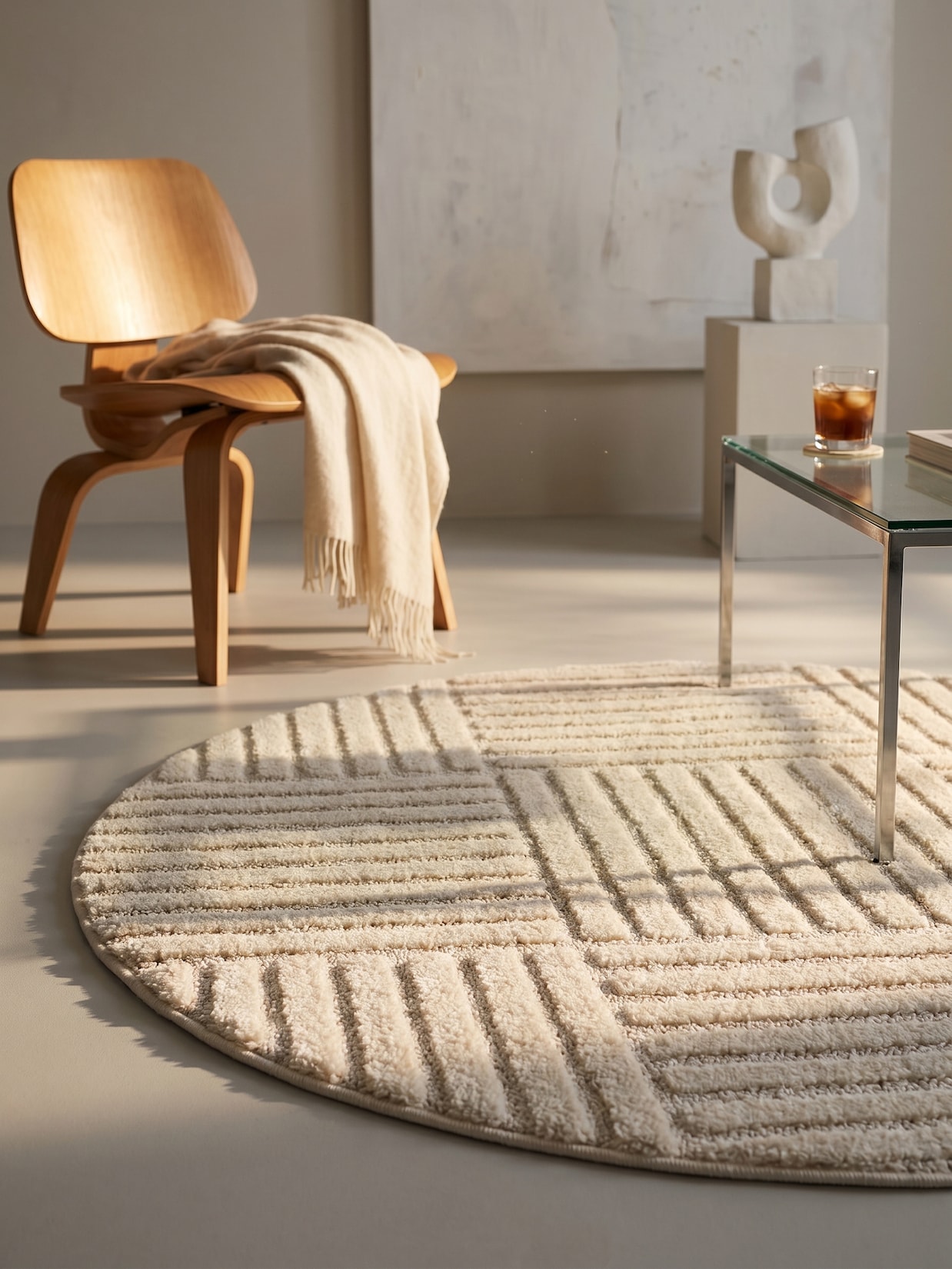 Hochflorteppich Cord-Streifen-Patchwork Creme 160x160 cm Waschbar