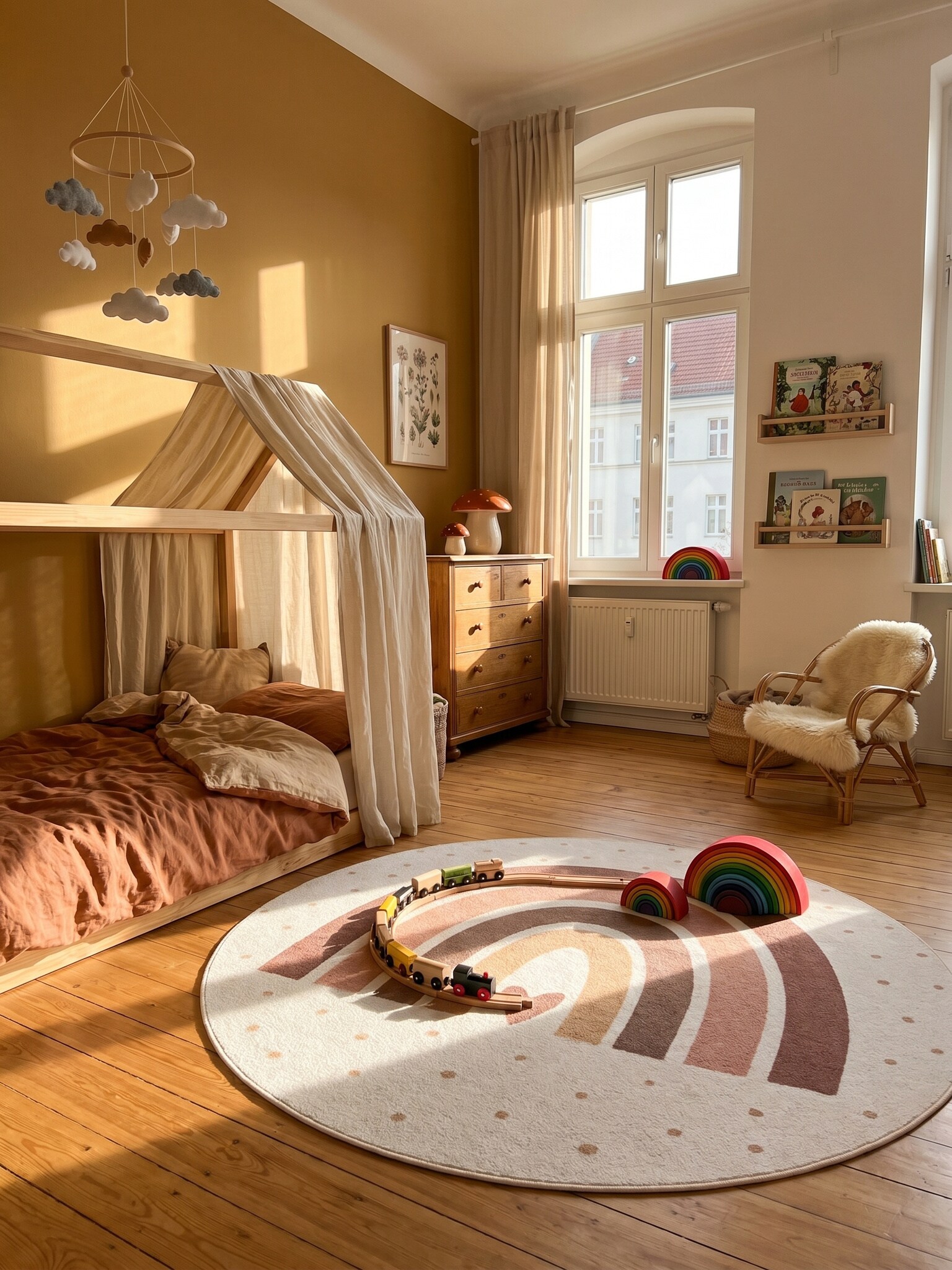 Kinderteppich Regenbogen mit Herz Creme 120x120 cm Waschbar 