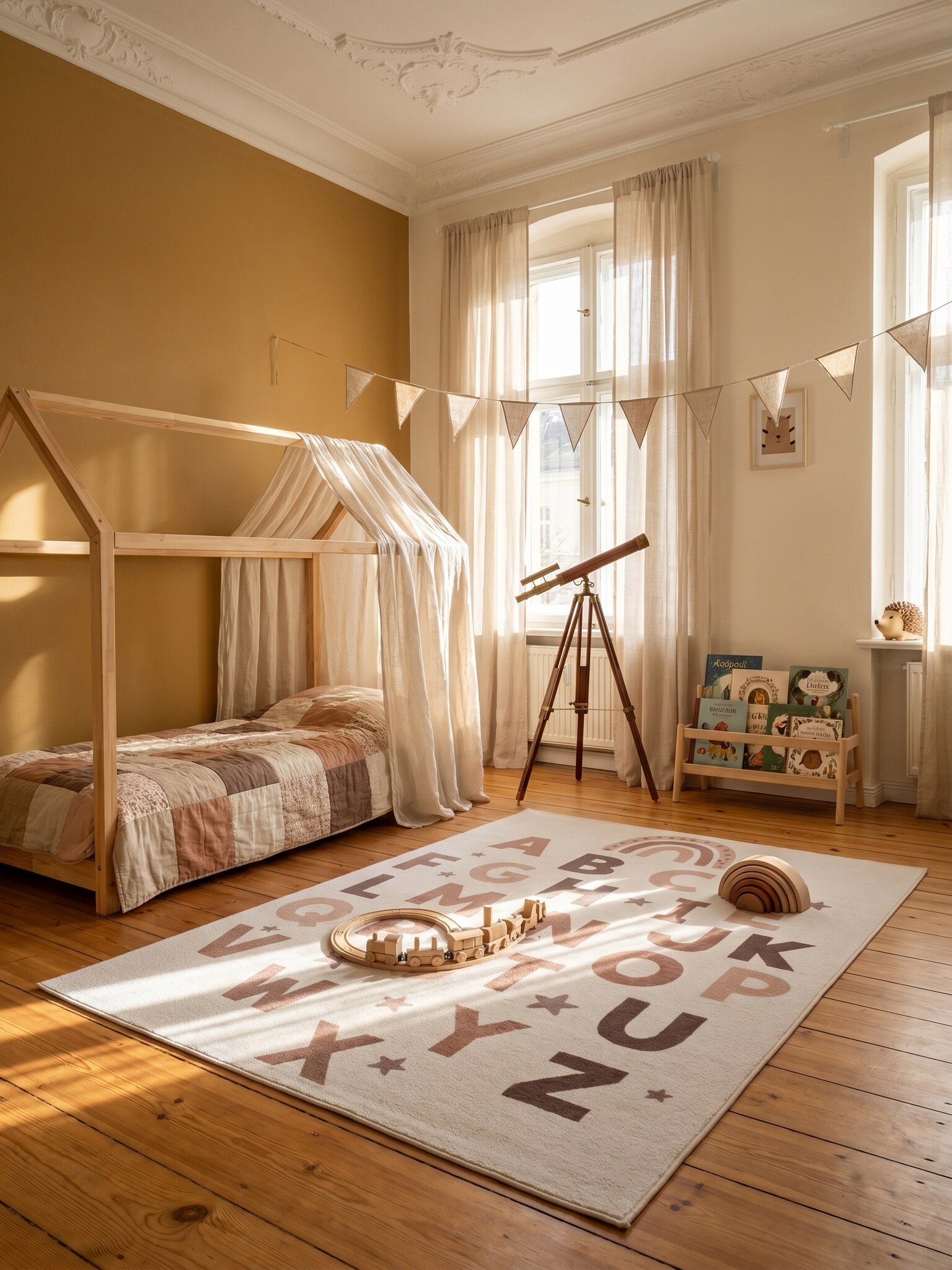 Kinderteppich Alphabet mit Regenbogen Creme 140x200 cm Waschbar 